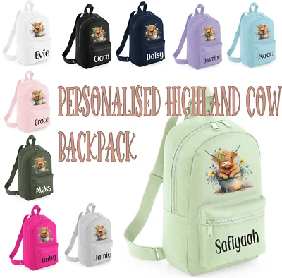 Personalised Kids Backpack Name Highland Cow Girls Back To School Bag Rucksack