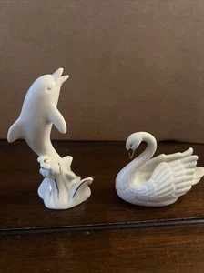 Lenox Porcelain Dolphin Figurine 24K Gold Trim Riding the Waves 4"& Elegant Swan - Picture 1 of 15