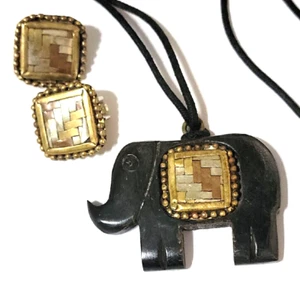 Vintage Mixed Metal Elephant Necklace & Clip-on Earrings Jewelry Set, Wood Black - Picture 1 of 5