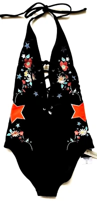 Topshop Embroidered Lace Up Front Swimsuit UK 6 BLACK BNWT - Image 1 of 4