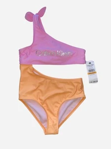 Calvin Klein Girls One Two-Piece Bikini Swimsuits, UPF 50+ Size 7, Pink Orange - Picture 1 of 5