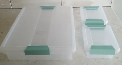 Lot of 3 Nice Sterilite  Latching Box Small Container Totes Clear Aqua 1963 1969 - Image 1 of 4