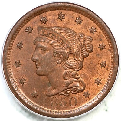 1850 N-21 R-2 PCGS MS 65 RB Braided Hair Large Cent Coin 1c - Image 1 of 3