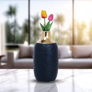 Black Ceramic Minimalist Vase With Golden Rim - Modern Bohemian Decor - Picture 1 of 5