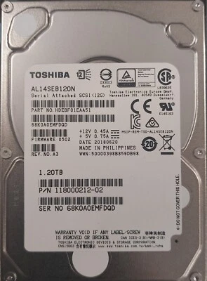 TOSHIBA AL14SEB120N 1.2TB 2.5" SFF 10K RPM 12Gb/s SAS ENTERPRISE GRADE 24/7 HDD - Image 1 of 3
