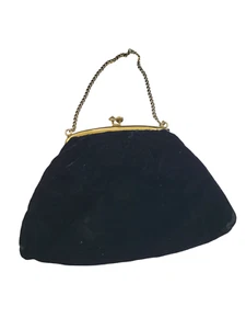 Vintage Black Velvet Evening Bag Purse Hand Chain Strap Kiss Lock - Picture 1 of 5