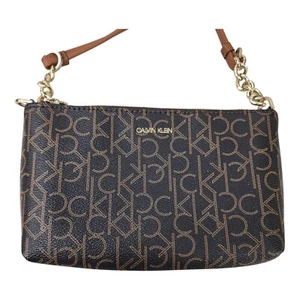 Calvin Klein Purse 8x5 CK Monogram Crossbody Bag Handbag Brown Zip Chains Small - Picture 1 of 9