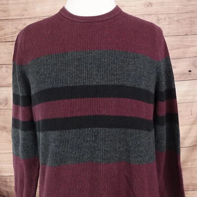 EXPRESS BURGUNDY GREY STRIPED 100% COTTON PULLOVER SWEATER MENS SIZE M MEDIUM - Image 1 of 4