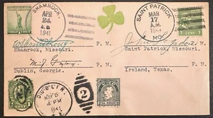 US #632,#804,#899 w Dublin CA, Saint Patrick MO, Shamrock MO 1941 cncls  *d - Picture 1 of 2