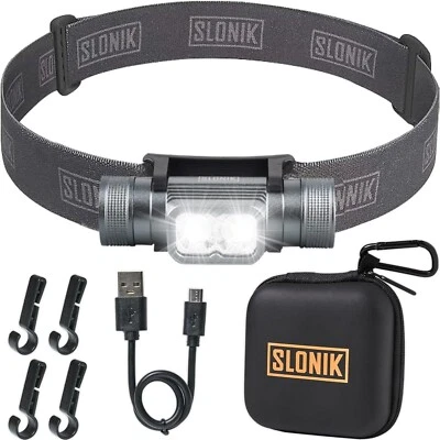 SLONIK Rechargeable Headlamp - 1000 Lumens 60 ft Beam LED, Grey