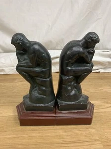 Bey-Berk R18T Cast Metal Thinker Greek Bookends Bronze Finish Wood Base - Picture 1 of 5