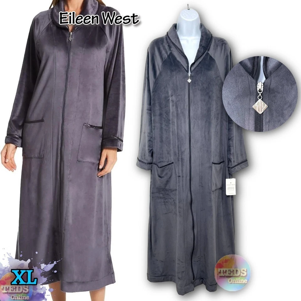 NUEVO CON ETIQUETAS Bata de ballet de terciopelo con cremallera frontal XL Eileen West para mujer carbón $78 Foto 1 de 4