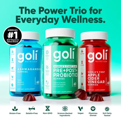 GOLI NUTRITION Goli Wellness Bundle | ACV, Ashwa KSM-66, Pre+Post+Live Bacteria | Vegan, Non-GM