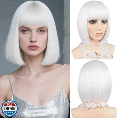 Peluca Bob Blanca MAYSA con Flequillo Pelucas Bob Cortas Rectas 12 pulgadas Juegos con disfraces Sintéticos Foto 1 de 4