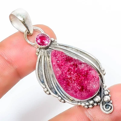 Pink Quartz Drusy & Rubellite Pink Tourmaline 925 Silver Bali Pendant 2.34" T76 - Image 1 of 3