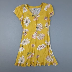 LOFT Outlet Dress Women's 4 Yellow Floral Button Front V-Neck Ruffle Hem Mini - Picture 1 of 11