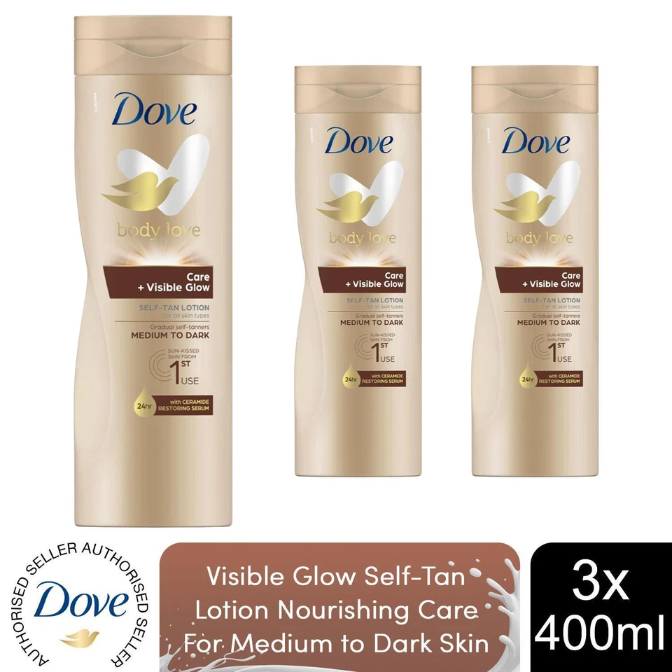 Dove Visible Glow Selbstbräuner Lotion pflegende Pflege für mitteldunkle Haut, 3x400ml