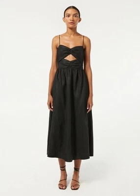 RHODE Black Linen Midi Dress Kay Cutout Sweetheart Neckline Cocktail Sz 8 Medium - Image 1 of 4