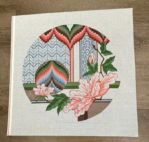Hand Painted Needlepoint Canvas Circular Asian floral design 14" Diameter - New - Picture 1 of 1