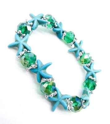 UNIQUE Turquoise STARFISH Charms Green Iridescent Crystals Stretch Bracelet - Image 1 of 3