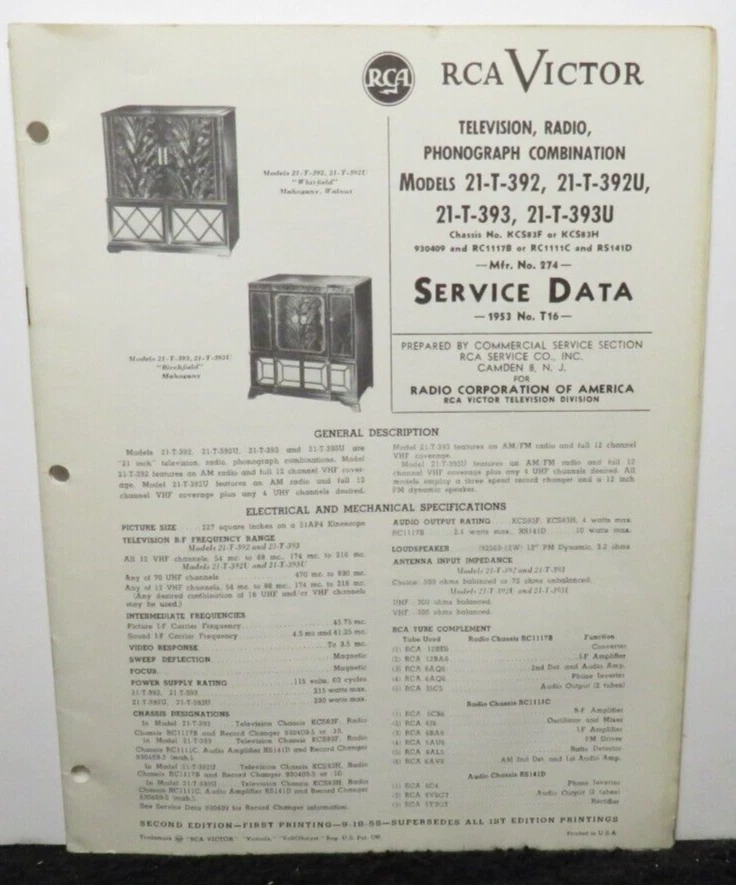RCA VICTOR TELEVISION SERVICE DATA 1953 T16 21-T-392 -393 U KCS83F 930409 - Image 1 of 1