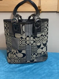 Coach Soho Signature Patchwork Tote Purse Black Straps, Purple Liner - Picture 1 of 12