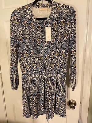 $450 TORY BURCH Vestido camisero de seda con estampado de azulejos con cordón azul Riviera Nuevo con etiquetas Talla 0 Foto 1 de 4