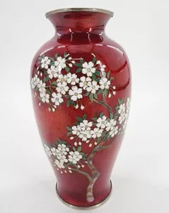 Antique Meiji Japanese Cloisonne Red Clear Vase Ginbari Cherry Blossoms 7.5" Vtg - Picture 1 of 8