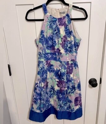 Eliza J Size 6 Blue/Purple Halter Cotton Blend Floral Dress - Image 1 of 3