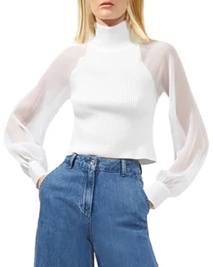 FRENCH CONNECTION Melody Mixed Media Top Women's S Summer White Mock Neck L/S - Picture 1 of 15