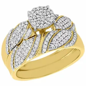Lab Created Diamond Wedding Bridal Set 10K Yellow Gold Over Leaf Engagement Ring - Picture 1 of 11