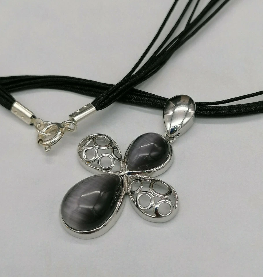 girocollo ciondolo croce argento e occhio di gatto GIOIELLO ITALIANO da donna - Immagine 1 di 4