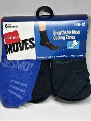 Calcetines Hanes MOVES Mid Crew para hombre, 6-12, 6 pares nuevos azules rojos negros grises nuevos con etiquetas Foto 1 de 4