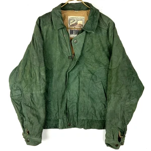 Vintage 1990s Leather Bomber Jacket Large Green Full Zip - Picture 1 of 9