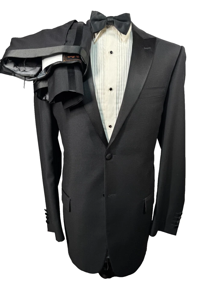 TIGLIO LUXE Mens Black TUXEDO Formal SLIM FIT 2pc TUX Suit 44L Jacket 38x33 Pant - Image 1 of 4
