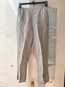 FLAX OATMEAL TAN 100% LINEN ELASTIC WAIST PULL ON PANTS WITH POCKETS SIZE SMALL - Picture 1 of 6