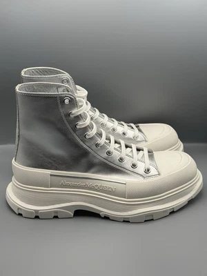 Talla 12 EE. UU. Alexander McQueen Tread Slick Zapatilla Alta Cuero Plateado/Blanco NUEVO Foto 1 de 4