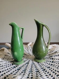 Vtg Lot Of 2 Shawnee Green Ewer Pitcher Vase Footed Vintage MCM Art Deco - Picture 1 of 9