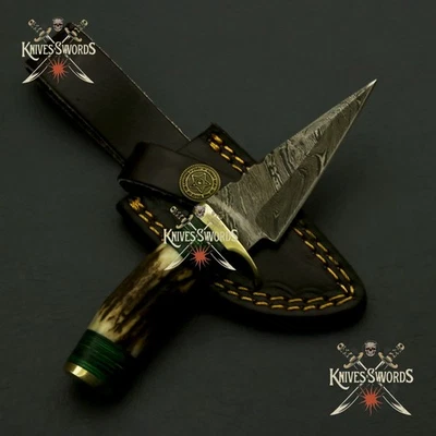 Cuchillo de caza/latón hecho a mano personalizado de hoja fija cuerno de ciervo/cuerno de acero Damasco Foto 1 de 4