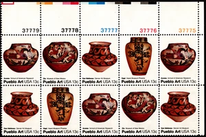 US Stamps Scott # 1706 - # 1709 #1709a - 13 Cents Pueblo Arts 1977 Plate Block - Picture 1 of 1