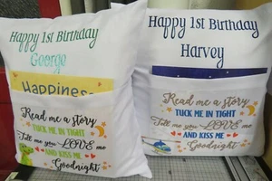 Birthday Pocket cushion Cover for Children with book can be personalised - Picture 1 of 5