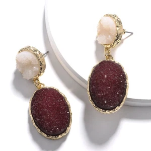 YX013a Double Druzy Stones Drop Earrings Oval Drusy Drop Bridesmaid Earrings  - Picture 1 of 11
