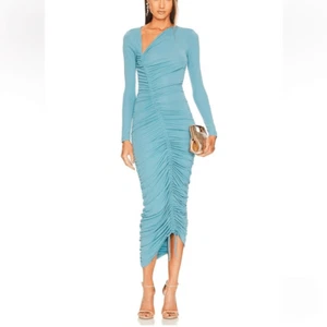 NWT Michael Costello x REVOLVE Kylee Midi Dress in Dusty Blue ruched midi XS - Picture 1 of 10