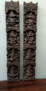 Vintage Musical Ganesh Set Wooden Wall Vertical Panel Hindu God Sculpture panel - Picture 1 of 6