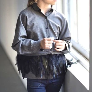 Andorine Luxury Girls Feather Trim Check Oversized Dolman Sleeve Shirt Size 12 - Picture 1 of 13