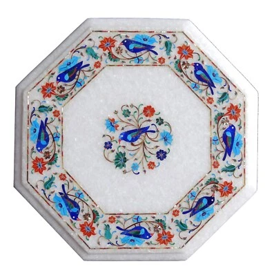 28" White Marble Console Coffee Table Multi Stone Birds Floral Inlay Arts Decors - Image 1 of 4
