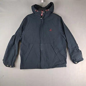 Nautica Jacket Mens Medium Black Zip Up Parka Nautical Map Print Lining Hooded - Picture 1 of 12