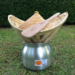 Set of Aluminum Steamer Pot Sticky Rice Bamboo Basket Cooker with Rice Spatula - Picture 1 of 5