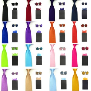 Men Satin Skinny Neck Tie Pre-folded Pocket Square Cufflink Wedding Party Set - Picture 1 of 20
