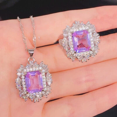 2pc Fashion Luxury Jewelry Set Pink Purple Amethyst Gemstone Women Necklace Ring - Image 1 of 4